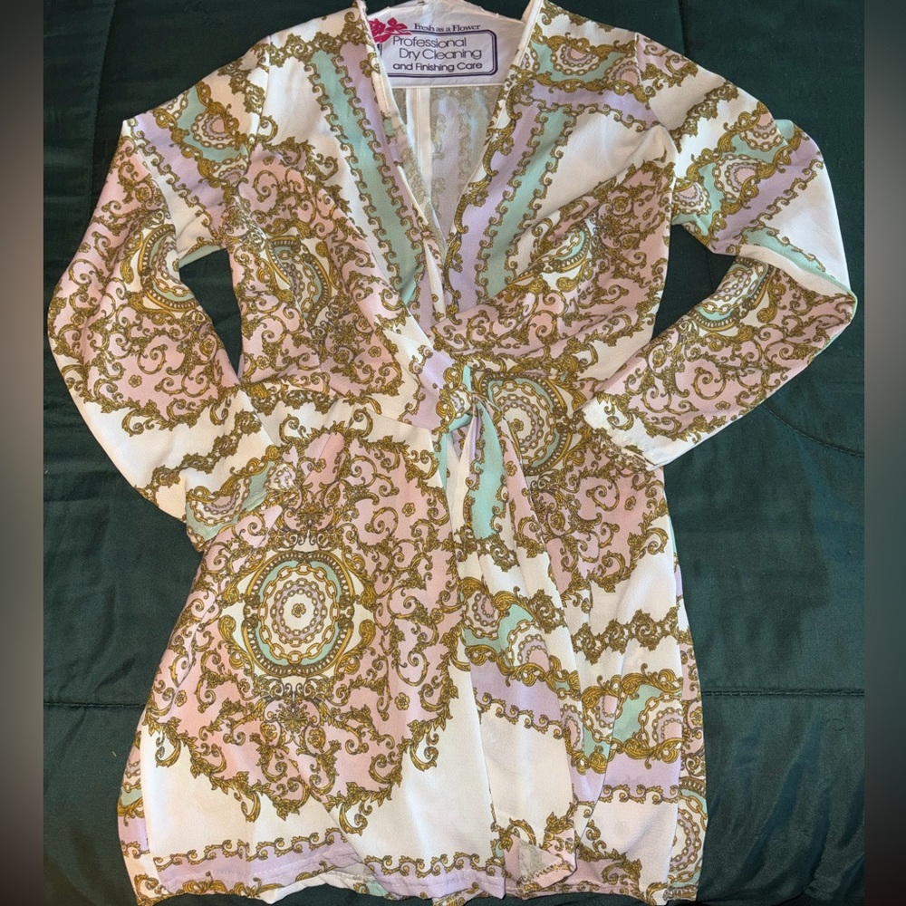 Chain Print Wrap Dress – Long Sleeve Mini Dress